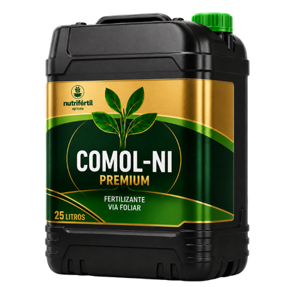 Galão preto de 25 litros do produto COMOL-NI da Nutrifértil Agrícola