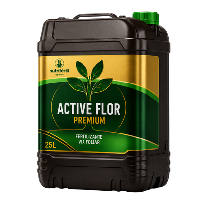 Galão preto de 25 litros do produto ACTIVE FLOR da Nutrifértil Agrícola