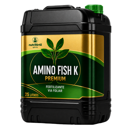 Galão preto de 25 litros do produto AMINO FISH K da Nutrifértil Agrícola