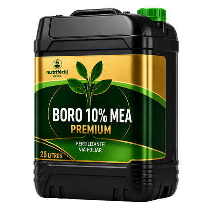 Galão preto de 25 litros do produto BORO 10% MEA da Nutrifértil Agrícola