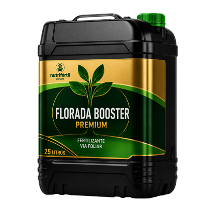 Galão preto de 25 litros do produto FLORADA BOOSTER da Nutrifértil Agrícola