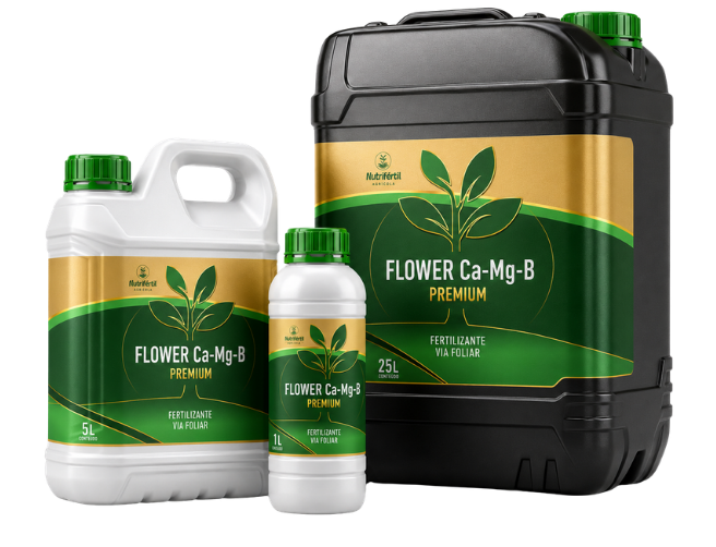 Embalagens do fertilizante foliar FLOWER Ca-Mg-B da Nutrifértil Agrícola, em 1 L, 5 L e 25 L