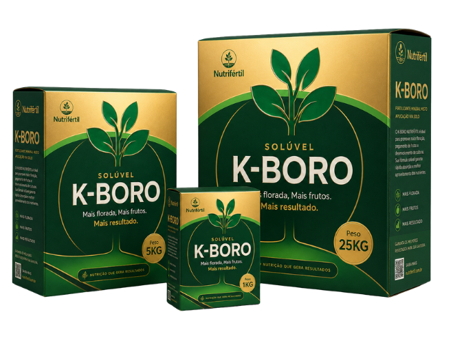Embalagens de 1 litro, 5 litros e 25 litros do fertilizante foliar K BORO PREMIUM da Nutrifértil Agrícola
