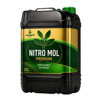 Galão preto de 25 litros do fertilizante foliar NITRO MOL da Nutrifértil Agrícola