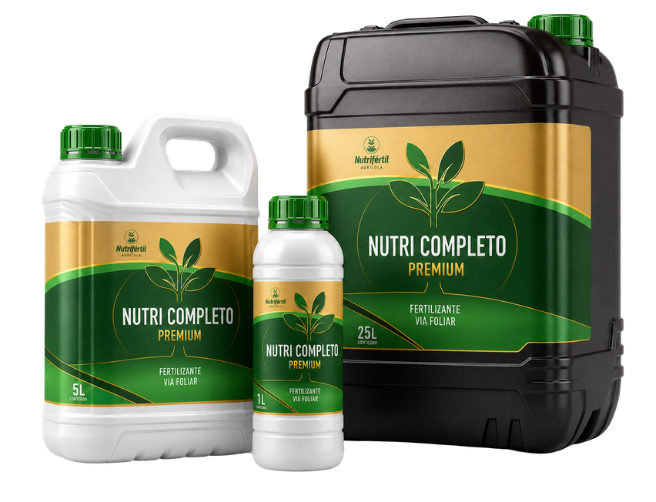 Embalagens de 1 litro, 5 litros e 25 litros do fertilizante foliar NUTRI COMPLETO PREMIUM da Nutrifértil Agrícola