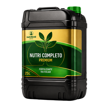 Galão preto de 25 litros do fertilizante foliar NUTRI COMPLETO PREMIUM da Nutrifértil Agrícola