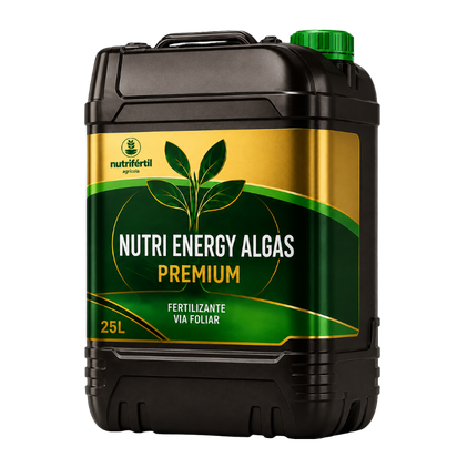 Galão preto de 25 litros do produto NUTRI ENERGY ALGAS da Nutrifértil Agrícola