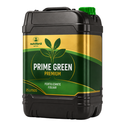 Galão preto de 25 litros do fertilizante foliar PRIME GREEN PREMIUM da Nutrifértil Agrícola
