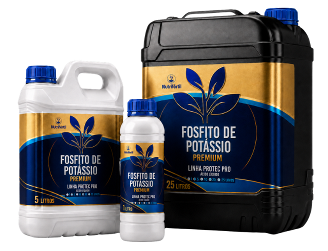Embalagens de 1, 5 e 25 litros do FOSFITO DE POTÁSSIO, fertilizante foliar da Nutrifértil Agrícola
