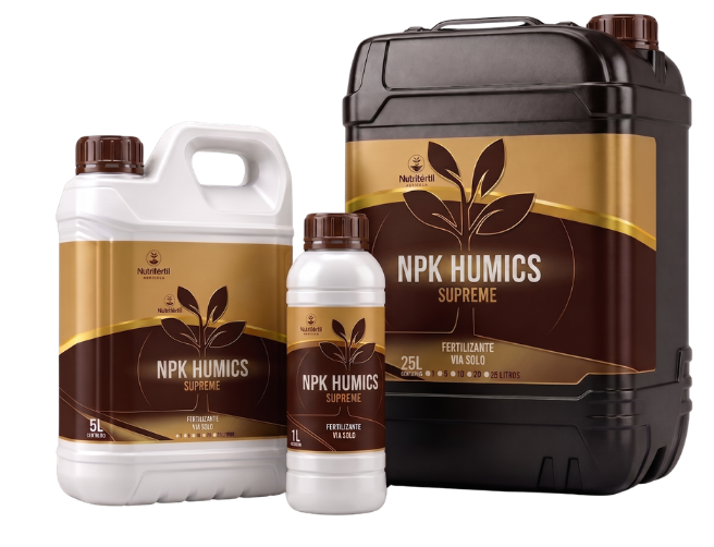 Embalagens de 1, 5 e 25 litros do NPK HUMICS