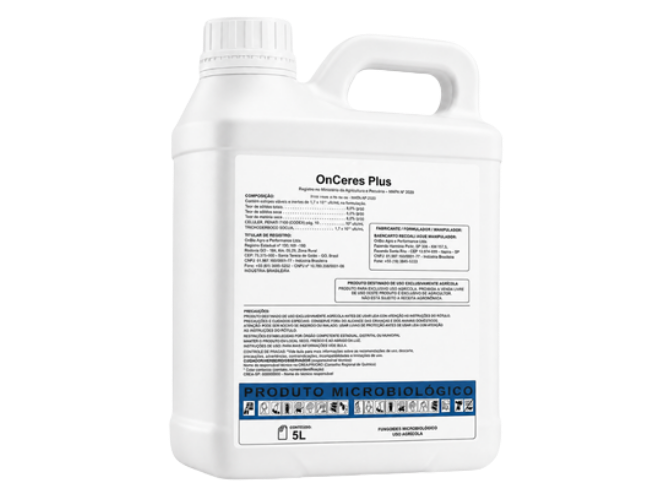 Embalagem do ONCERES PLUS, fungicida microbiológico com Bacillus amyloliquefaciens CCT8135 e Bacillus velezensis CCT8136