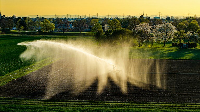 Sistema de irrigação em lavoura representando movimento de água e risco de lixiviação de nutrientes no solo